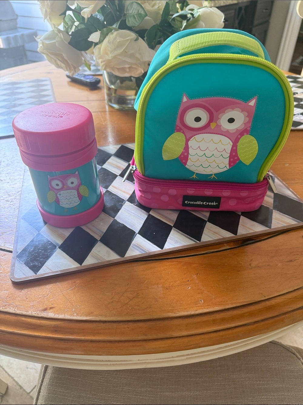 Crocodile Creek Owl Lunchbox & Thermos Set - Teal, Pink, Lime